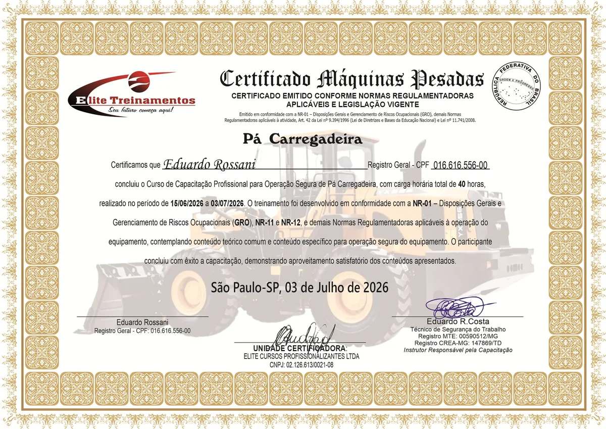 Exemplo demonstrativo da frente do certificado de operador de pá carregadeira