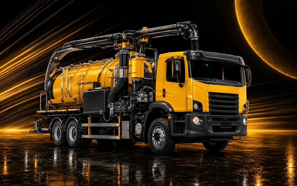 Caminhão hidrovácuo equipado com tanque, bomba de vácuo, mangueiras e braço de sucção