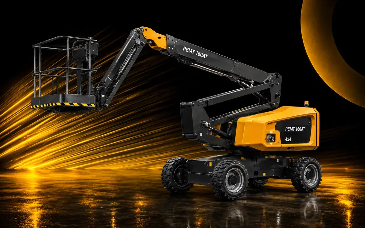 Plataforma elevatória móvel articulada com cesto de trabalho e base autopropelida
