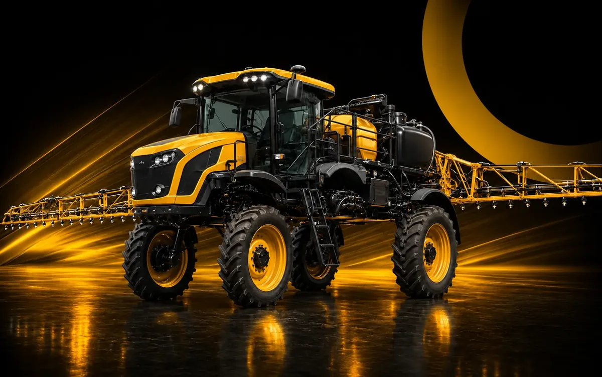 Pulverizador agrícola autopropelido vermelho com barras de pulverização abertas
