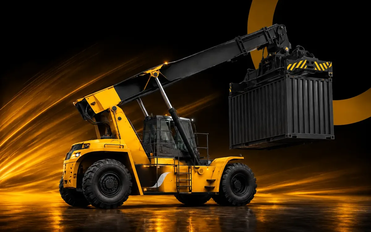 Reach Stacker vermelho movimentando um contêiner com lança telescópica