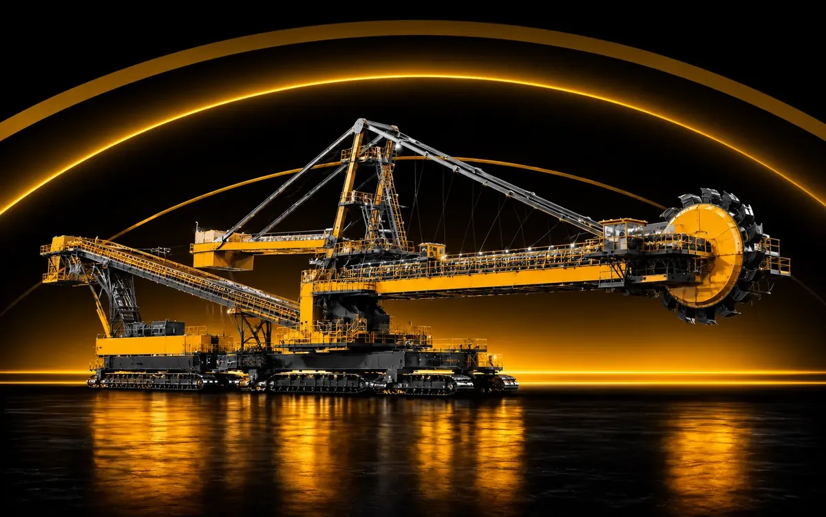 Stacker/Reclaimer de grande porte com lança transportadora e roda de caçambas